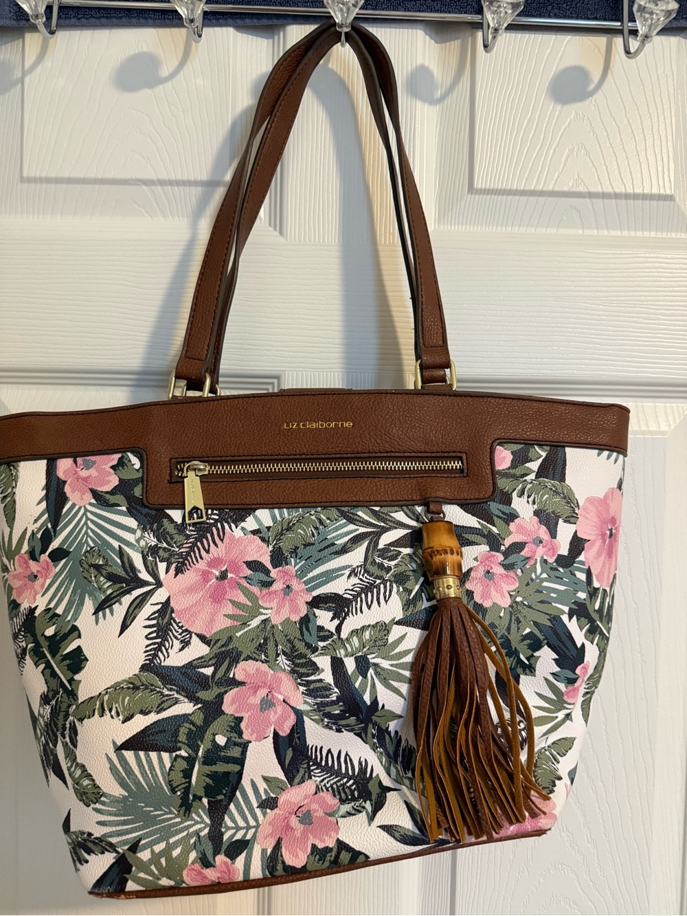 Liz Claiborne Pink & Green Floral Tote with Brown Trim